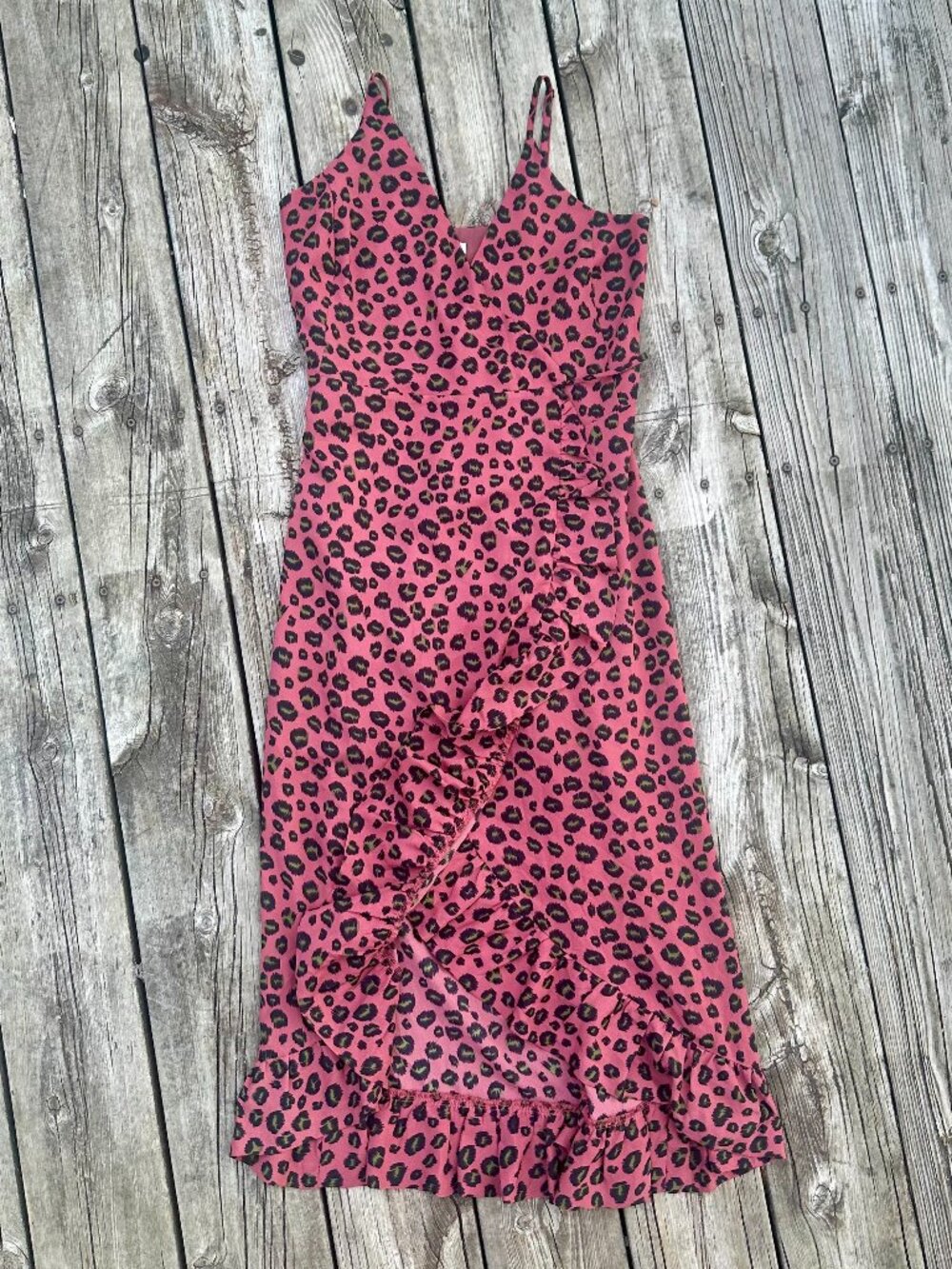 Pink Dress Animal Print Ruffled High/Low Edge